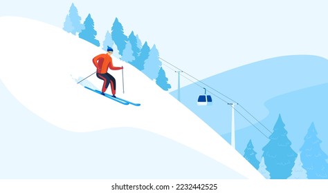 Winter fun, skiing snow, sport skier, boy skiing outdoors, cold outwardly, happy person, design, cartoon style vector illustration