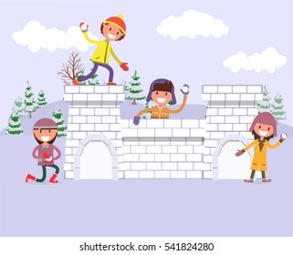 winter fun. snow castle, fort. funny kids playing snowballs. Boy, girl. vector illustration. flat design style