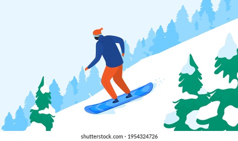 Winter fun, snowboarding mountain, snow cold season, vacation man vacation, design, in cartoon style vector illustration.