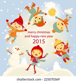 Winter Fun snowman kids vector 2015 retro  Happy