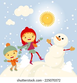 Winter Fun snowman kids vector 2015 retro  Happy