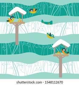 Winter fun. Sparrows, a hidden cat. Feedboxes\feeders. Winter bushes, covered with snow. Cold\chilly colors. Tiling seamless image, packaging, gift wrapping, decoration. Vector patterns.