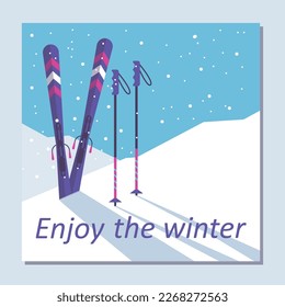 Winter fun and sport card or banner design with skis in snowdrift. Winter mountain sports and fun banner or poster template, flat vector illustration.