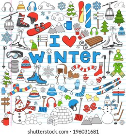 Winter Fun Sports, Activities and Accessories Hand-Drawn Notebook Doodles Set with Sled, Skis, Skates, Snowboard, Snowman, Christmas Tree, Snowflake and More