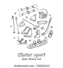 Winter Fun Sports, Activities and Accessories Hand-Drawn Notebook Doodles Set with Skis, Skates, Snowboard, Snowflake
