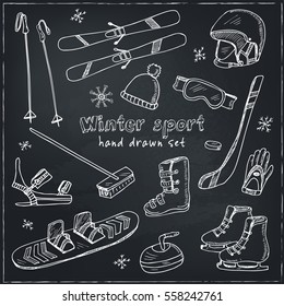 Winter Fun Sports, Activities and Accessories Hand-Drawn Notebook Doodles Set with Sled, Skis, Skates, Snowboard, Snowflake