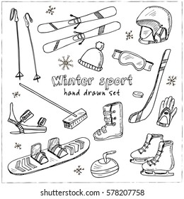 Winter Fun Sports, Activities and Accessories Hand-Drawn Notebook Doodles Set with Sled, Skis, Skates, Snowboard, Snowflake and More