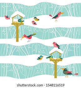 Winter fun. Starlings, crows, vivid birds. Feedboxes\feeders. Bushes covered with snow. Cold\chilly colors. Tiling seamless image, packaging, gift wrapping, decoration. Vector patterns.