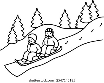 Winter Fun Two Children Sledding Down Snowy Hillside