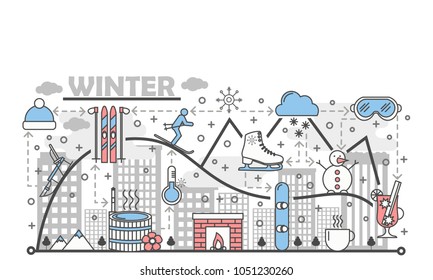 Winter fun vector illustration. Modern thin line art flat style design element with winter symbols, icons for website banners and printed materials.