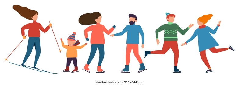 Winter fun, vector set. Collection of isolated people engaged in winter sports. Active simple shape people. Skiing woman. Skating men, women and child. Flat illustration