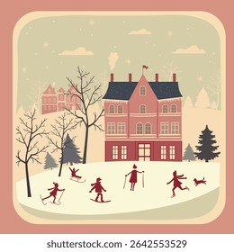 Winter Fun in Vintage Town – Skiing and Ice Skating Scene
Whimsical winter illustration of a nostalgic town with families skiing, sledding, and ice skating around a cozy European style.