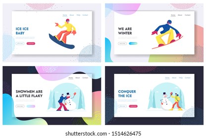 Winter Fun Website Landing Page Set. Happy Characters Riding Snowboard and Making Snowman on Street. Christmas Holidays Activity and Sport Recreation Web Page Banner. Cartoon Flat Vector Illustration
