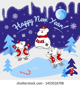 Winter fun white mice. Mice blinded snow mouse (snowman) and rejoice, play, skate. Vector illustration for a postcard, poster or picture for the holiday.