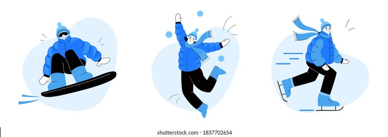 Diversión al invierno. La mujer está patinando. Un hombre en una tabla de nieve. Los niños juegan bolas de nieve. En un estilo plano. Ilustración de material vectorial.