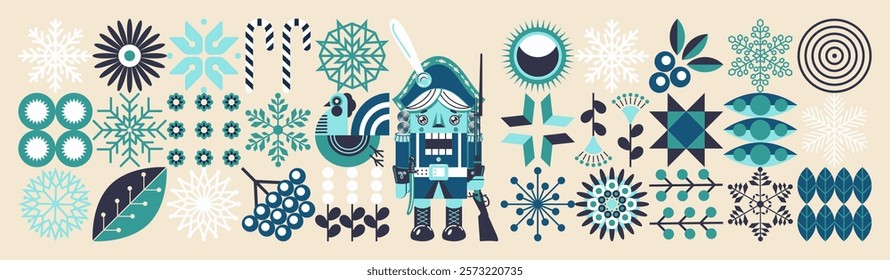  Winter funny background with nutcracker. Merry Christmas! Ukrainian style. Scandinavian winter motifs. Snowflakes, flowers, berries, candies. Minimal illustration.