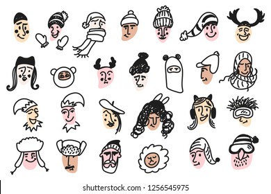 Winter funny characters faces set hand drawn vector illustration