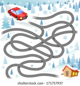 Winter Funny Maze Game: the Red Car Finds the Way to the House. Christmas Driving Vector Illustration