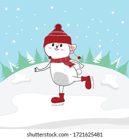 Winter of funny rabbit on ice skates.cute bunny greeting card .