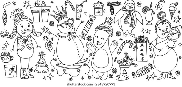 Winter funny snowman, polar bear, penguin and gifts vector doodle illustration.
