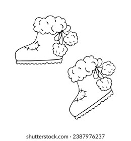 Winter fur boots, ugg boots. Sketch, doodle of winter shoes. Vector graphics.