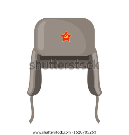 Winter fur grey earflaps hat with red star icon in flat style isolated on white background. Ushanka symbol. Russian traditional national cap. Vector illustration.