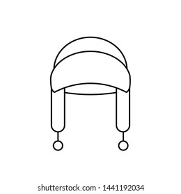 Winter fur hat with pompons. Ear-flapped hat. Outline simple black icon on white background. Isolated flat object for web design.