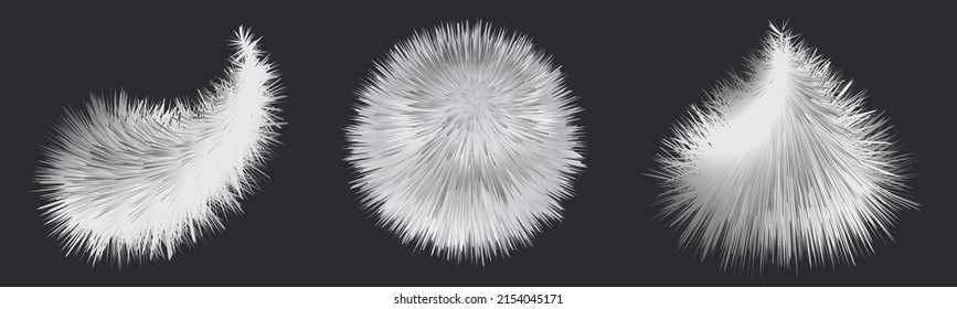 Winter furry pompoms, shaggy feather. Fluffy fur hairy texture. Isolated fuzzy shapes on dark background. Vector illustration