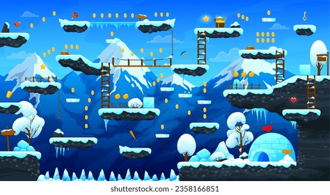 Mapa de nivel de juego de invierno, diseño ui. Fondo vectorial alpino con plataformas saltadoras, árboles nevados, edificios de igloo o de helados, escaleras y señales de madera, monedas y activos de bonificación, músculos colgantes