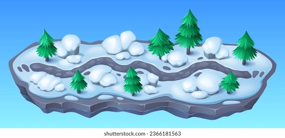 Winter game map with road among fir trees and stones, ground covered with snow and ice. Cartoon vector horizontal level interface with walkway through spruce forest. Blue ui landscape with path.