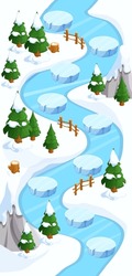Winter Game Map Snow Forest And Ice Gui Background, Template In Cartoon Style, Casual Isometric View. Decorated With Stones, Trees, Pond. 