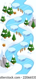 Winter Game map snow forest and ice gui background, template in cartoon style, casual isometric view. Decorated with stones, trees, pond. 