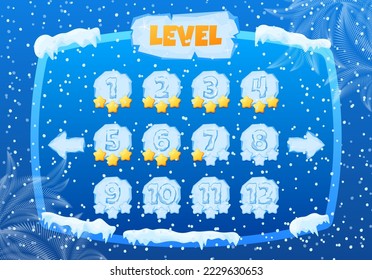 Winter game, season cold, control panel level, mobile app, snow board element, design, in artoon style vector illustration.