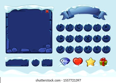 Winter game ui stones buttons with snow. Vector set stone assets, Interface, icons and buttons For Ui Game. Isolated object on separate layers.
