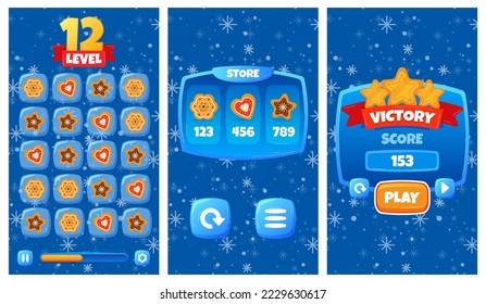 Winter game, victory ice, background blue, white snow, play spend resource, design, in cartoon style vector illustration.