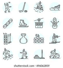 Winter games icons set. Active entertainment. Winter sports collection, thin line design. vector linear illustration