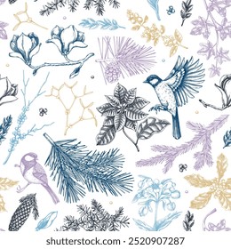 Winter garden seamless pattern. Christmas background. Winter flowers, conifer tree, bird sketches. Hand-drawn vector illustration. NOT AI generated