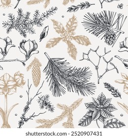 Winter garden seamless pattern. Christmas background. Winter flowers, conifer tree sketches. Hand-drawn vector illustration. NOT AI generated