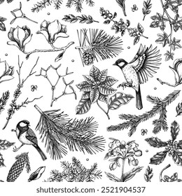 Winter garden seamless pattern. Christmas background. Winter flowers, conifer tree, bird sketches. Hand-drawn vector illustration. NOT AI generated