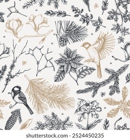 Winter garden seamless pattern. Christmas background. Winter flowers, conifer tree, bird sketches. Hand-drawn vector illustration. NOT AI generated