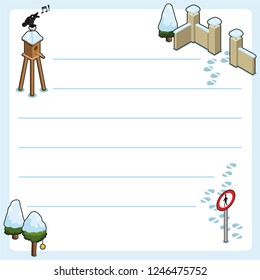 Winter garden with singing bird, bird house, trees and wall entrance covered with snow and footprints (christmas template, framed and lined for your own text)
