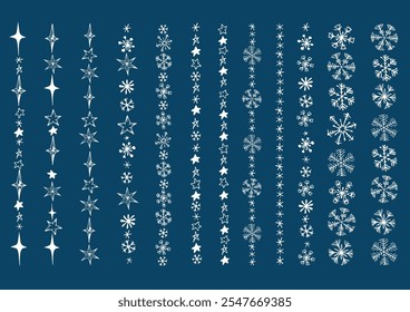 Winter garland with doodle snowflakes and stars. Hand drawn vector illustration on blue background.