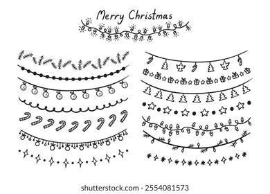 Winter garlands hand drawn Christmas symbols set isolated on white background. Doodle Christmas design elements. Vector illustration