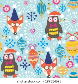 Winter gentle pattern with foxes, birds, snowflakes and flowers.