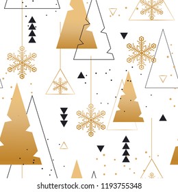 Winter geometric abstract seamless pattern. Texutra, fabric, background, wallpaper, wrapping paper. Gold and black figures. Flat style vector illustration 1