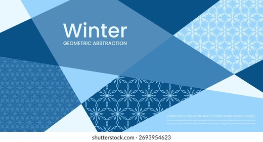 Abstracción geométrica de invierno con un fondo de triángulos azul y azul claro y patrones de copos de nieve. Diseño gráfico festivo para Navidades. Vector.