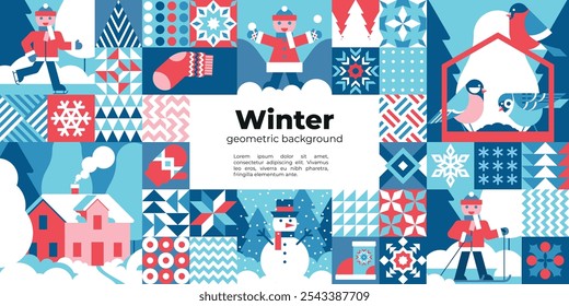 Winter geometric background with snowy nature and sports activities. Wintery backdrop with different types of outdoor recreation. Banner, flyer, invitation