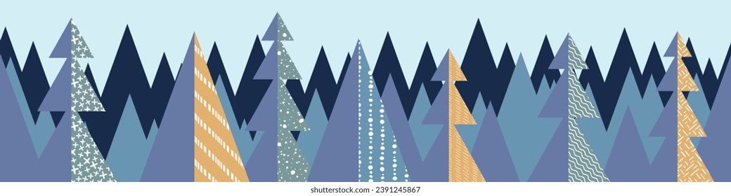 Winter geometric background, stylized forest, seamless border,  vector design, banner
