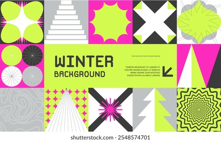 Geometrisches Winterbanner im flachen Stil. Geometrie minimalistisches Design mit einfachen Formen und Wintersymbolen, Schneeflocke, Weihnachtsbaum für Flyer, Web, Poster, Vorlagen, Cover-Design, Label.