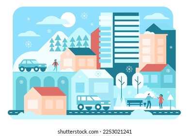 Winter geometric city with walking people vector illustration. Cartoon simple minimal landscape with residential modern block buildings, houses and bridge, car on street and park with trees and bench